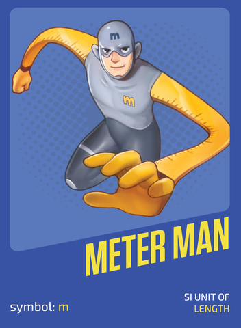 Cartoon man in a costume that looks like a body suit with stretchy arms that have ruler marks
