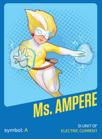 Cartoon woman. Hair is flying up, mostly yellow with a white stripe. Yellow bodysuit with white pants, yellow boots, white gloves 