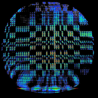 Different colored spots of light form a circle on a black background.