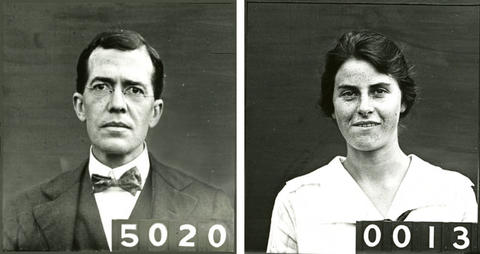 Two head-and-shoulders photos of old-time individuals: On the left, a middle-aged man wearing a bowtie. on the left a relatively young woman wearing a white blouse Campbell E. Waters and Lois Crump
