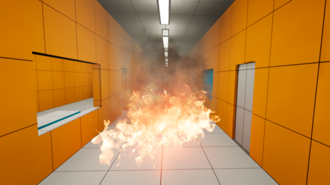 virtual fire in a hallway