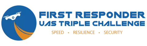 Icon of a drone leaving a flightpath behind. Text reads: First Responder UAS Triple Challenge. Speed. Resilience. Security.