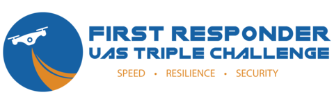 Icon of a drone leaving a flightpath behind. Text reads: First Responder UAS Triple Challenge. Speed. Resilience. Security.