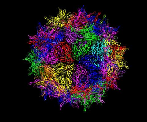 A multicolored sphere made up of a dense network of colored ribbons against a black background.