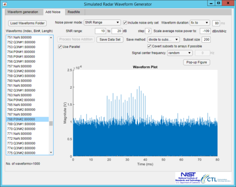 Simulated radar waveform generator GUI