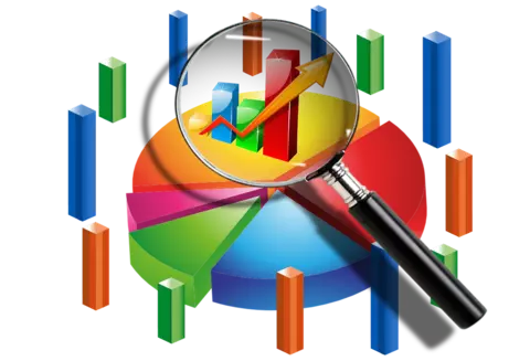 A magnifying glass hovering over a pie graph