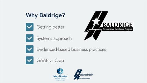 MGMC slide: "Why Baldrige?" listing getting better, a systems approach, evidenced-based business practices, and GAAP vs Crap.