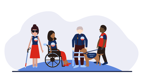 A drawing shows four people with various disabilities gathered together.  