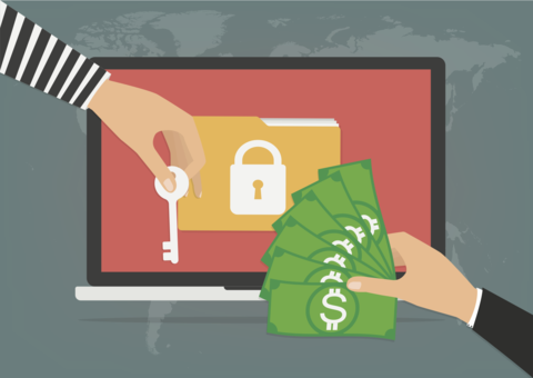 Businessman hand holding money banknote for paying the key from hacker for unlock folder got ransomware malware virus computer. Vector illustration technology data privacy and security concept.