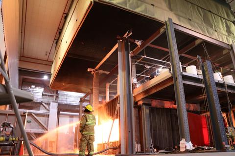 Compartment fire test of a two-story steel gravity frame with composite floors.