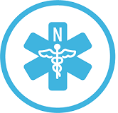 blue caduceus symbol with "N" above it