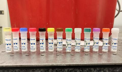 A row of plastic vials with different-colored caps all labeled