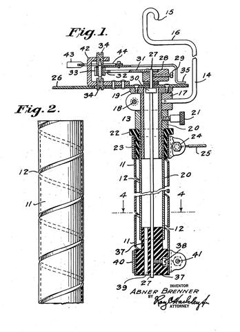 Historical patent illustration shows two diagrams of cylindrical device.