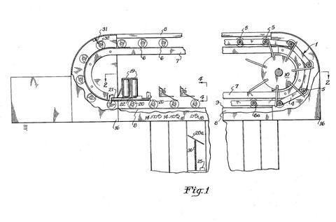 Patent illustration shows diagrams of gears and conveyor belts.