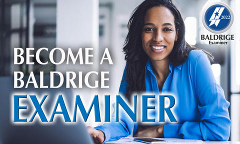 Woman sitting at a table while leaning on her hand and using her laptop to apply to become a Baldrige examiner.