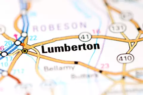 Close-up of a map showing a city called Lumberton