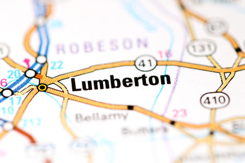 Close-up of a map showing a city called Lumberton