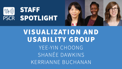 Staff Spotlight decorate graphic that reads "Visualization and Usability Group" and lists the names and headshots of Yee-Yin Choong, Shanee Dawkins and Kerrianne Buchanan
