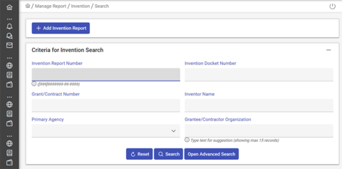 Invention search criteria screenshot.