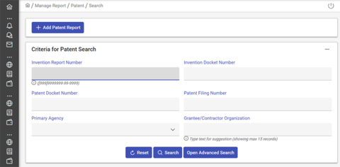 Criteria for patent search screenshot.