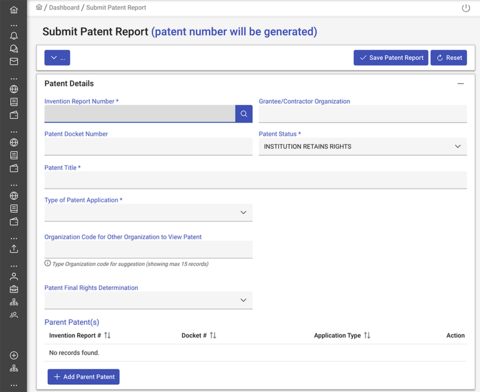 Submit patent report screenshot.