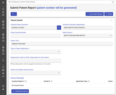 Submit patent report screenshot.