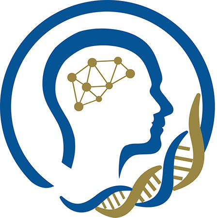 circle with DNA and a profile of a head with dots connected by lines where the brain would be