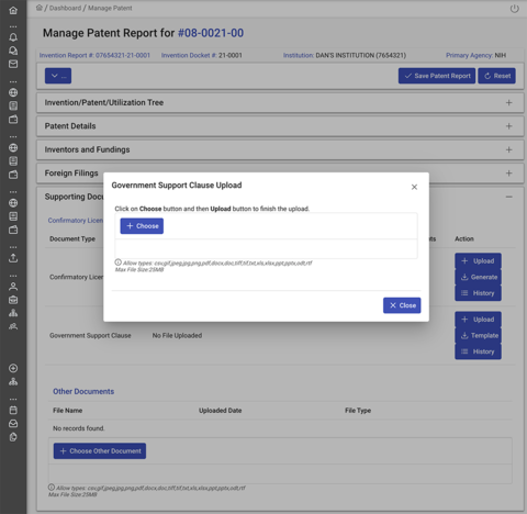 Government support clause upload screenshot.