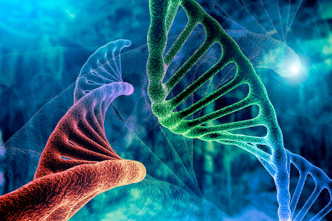DNA strand and Cancer Cell Oncology Research Concept 3D rendering, abstract background, mixing of two structures