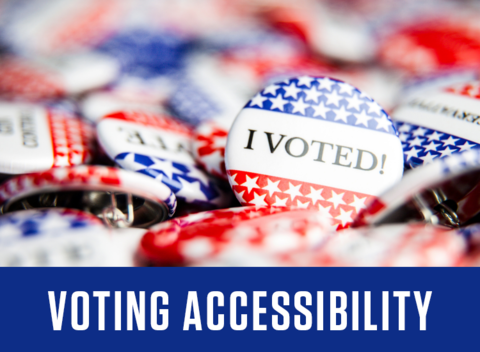 Photo shows "I Voted!" pins with banner on bottom saying "Voting Accessibility"