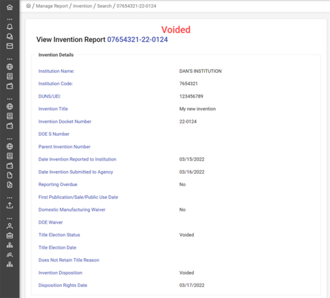 Voided invention report screenshot.