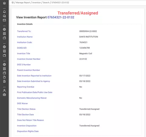 Transferred invention report screenshot.
