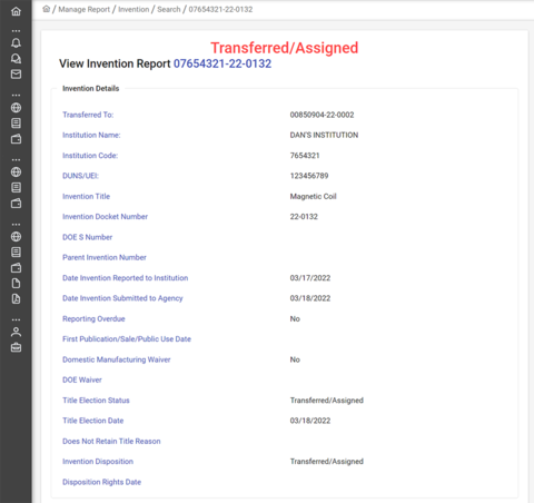 Transferred invention report screenshot.