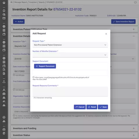 Patent extension request screenshot.