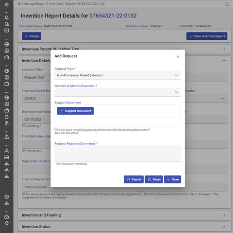 Patent extension request screenshot.