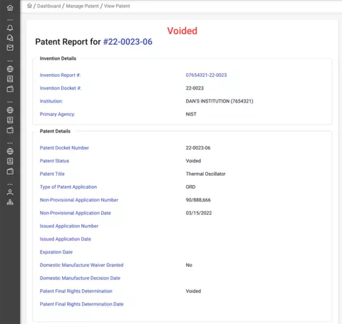 Voided patent report screenshot.