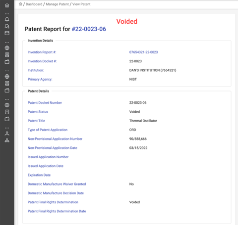 Voided patent report screenshot.