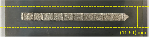 Top view photo of bridge-shaped specimen with dashed lines showing how these parts are separated