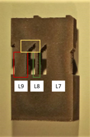 Photograph of metal specimen with labeled regions