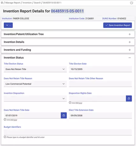 Invention report screenshot.