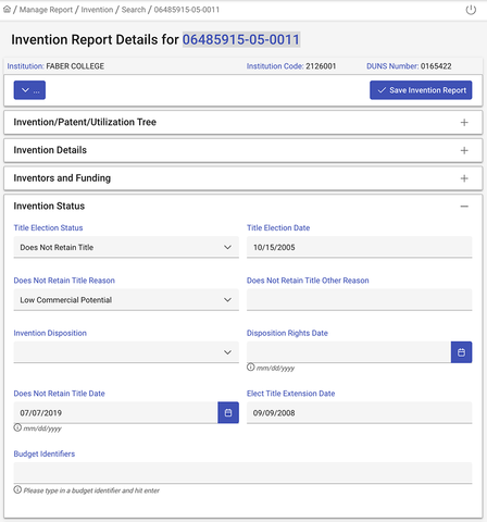 Invention report screenshot.