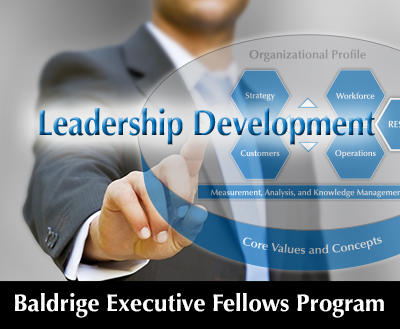 Baldrige Executive Fellows Program showing man pointing to Leadership Development in the Criteria Overview.