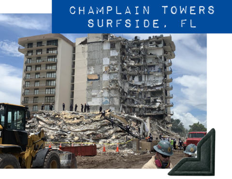 Photo of partially collapsed building is labeled "Champlain Towers, Surfside, FL" in blue embossed tape.