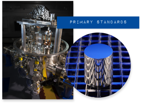 Combined image of Kibble balance and kilogram standard with blue embossed label saying "Primary standards."