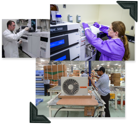 Three photos show people working with medical, chemical and HVAC equipment. 