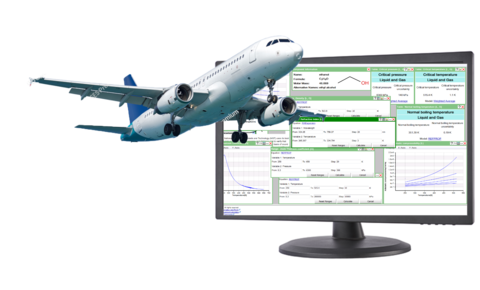 A computer monitor shows charts and graphs, with an airplane overlaid at the left. 