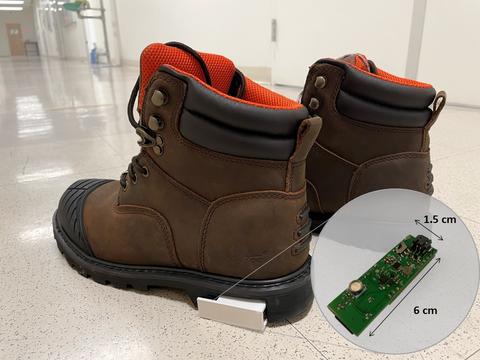 A boot with a microchip inserted to the heel, used by first responders to assist in indoor tracking