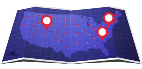 Blue map of USA with various location points
