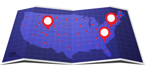 Mapa azul dos EUA com vários pontos de localização