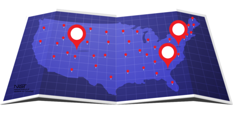 Blue map of USA with various location points